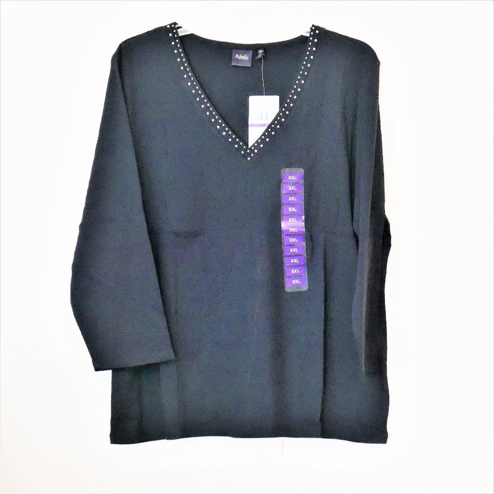 100% Cotton Rafaella Womens Embellished V-Neck Top